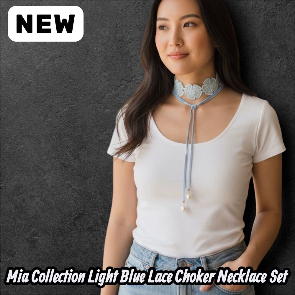 NEW Mia Collection Light Blue Lace Choker Necklace Set – Adjustable, Pearl Detai
